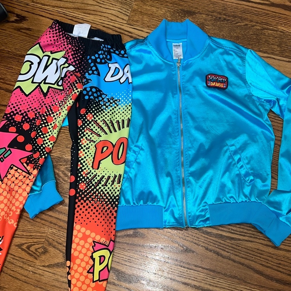 Girls satin bomber jacket and pop art leggings size 8. Great 90s costume!